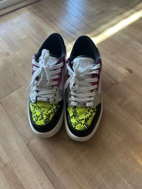 Guess White Platform Sneakers with Neon Pink and Neon Yellow Snakeskin Accents